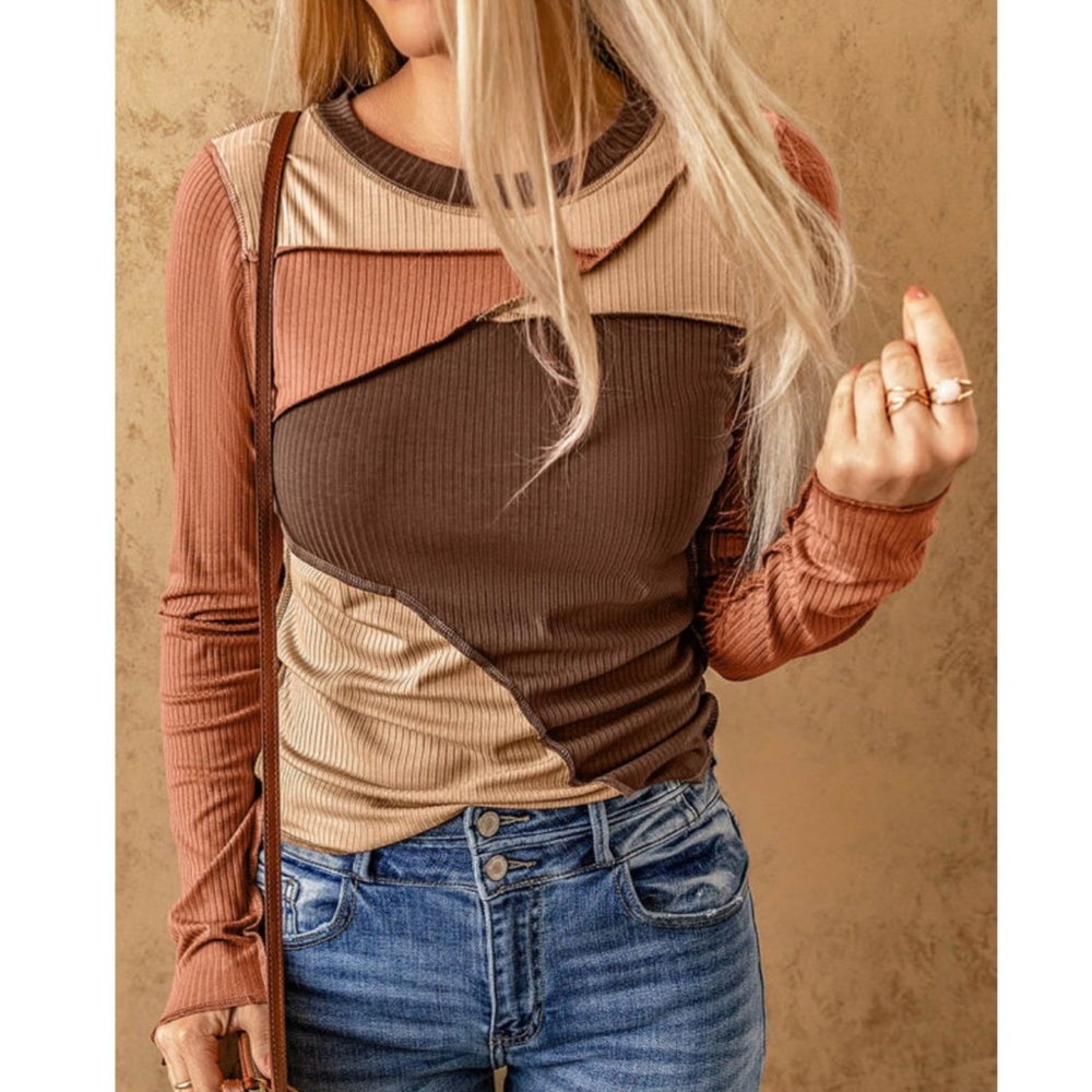 Boho Brown Exposed Seam Patchwork Color Block Ribbed Knit Top